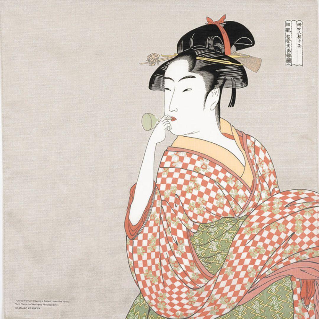 유리관을 부는 후로시키 여인 우키요에 미술 보자기 70x70cm