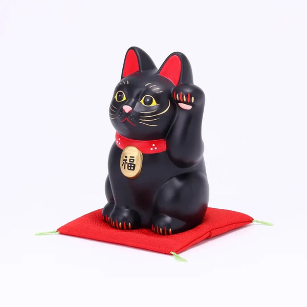 수제 일본 마네키네코 행운의 고양이 세라믹 조각상 블랙 12.5cm
