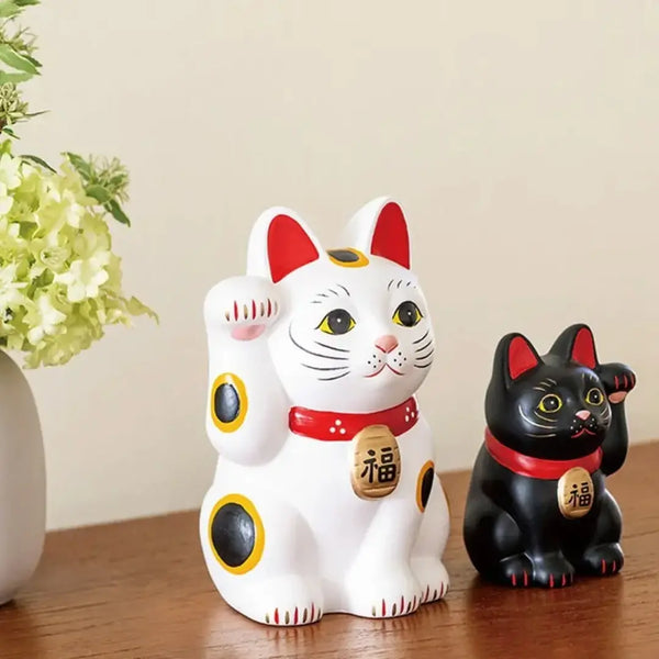 수제 일본 마네키네코 행운의 고양이 세라믹 조각상 흰색 12.5cm