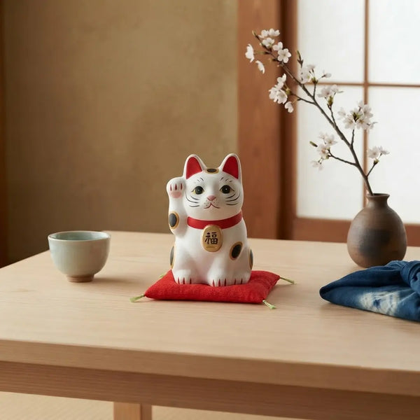 수제 일본 마네키네코 행운의 고양이 세라믹 조각상 흰색 8cm