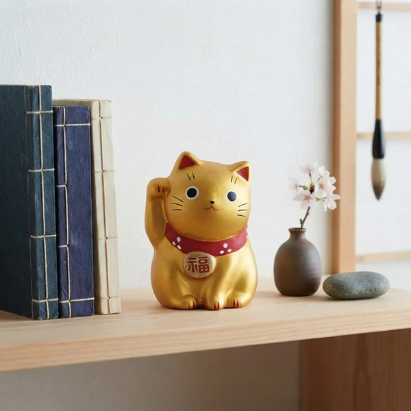 수제 일본 마네키네코 행운의 고양이 작은 세라믹 조각상 골드 5.5cm