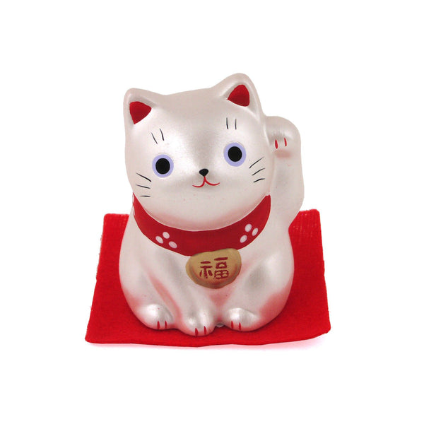 수제 일본 마네키네코 행운의 고양이 작은 세라믹 조각상 실버 5.5cm