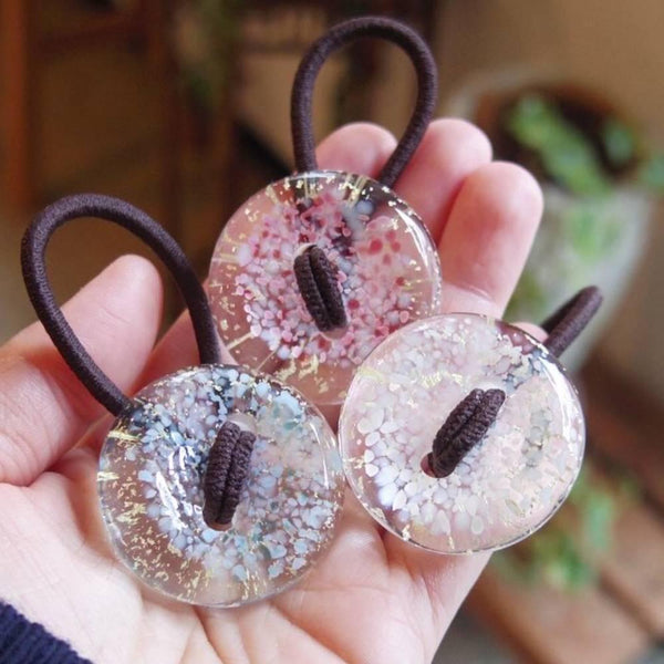 헤어 드롭 수제 유리 구슬 머리끈 사쿠라 핑크 유리