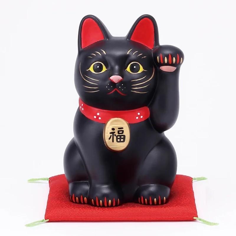 수제 일본 마네키네코 행운의 고양이 세라믹 조각상 블랙 12.5cm