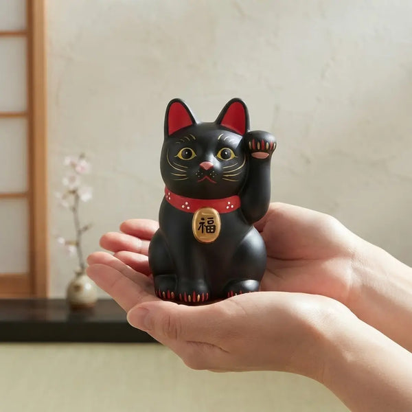 수제 일본 마네키네코 행운의 고양이 세라믹 조각상 블랙 12.5cm