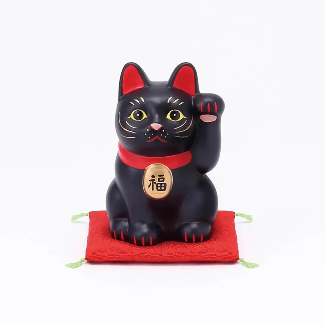 수제 일본 마네키네코 행운의 고양이 세라믹 조각상 블랙 8cm