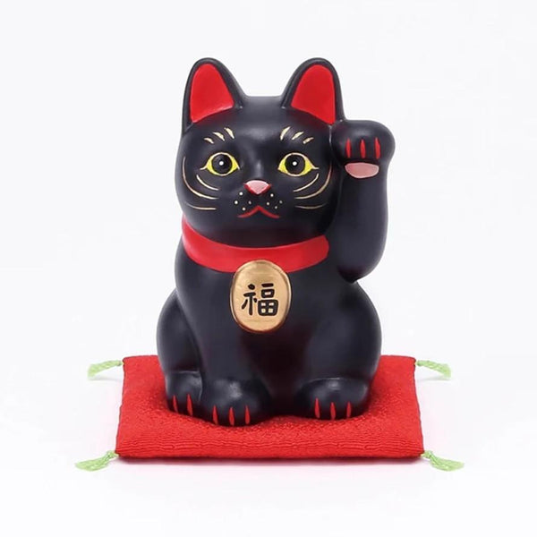 수제 일본 마네키네코 행운의 고양이 세라믹 조각상 블랙 8cm