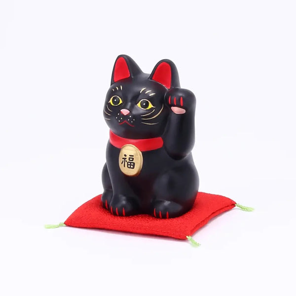 수제 일본 마네키네코 행운의 고양이 세라믹 조각상 블랙 8cm