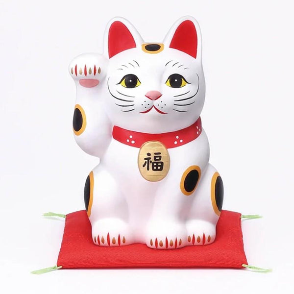 수제 일본 마네키네코 행운의 고양이 세라믹 조각상 흰색 12.5cm