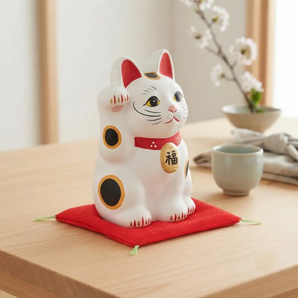 수제 일본 마네키네코 행운의 고양이 세라믹 조각상 흰색 12.5cm