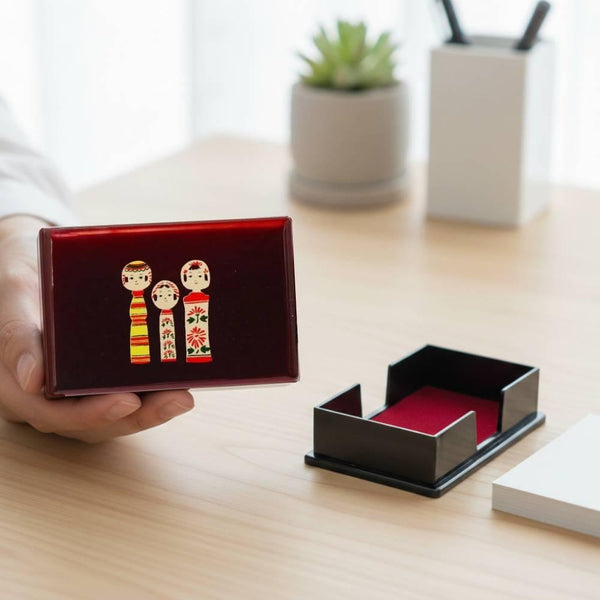 빨간색 래커 카드 홀더 케이스 목각 인형 디자인