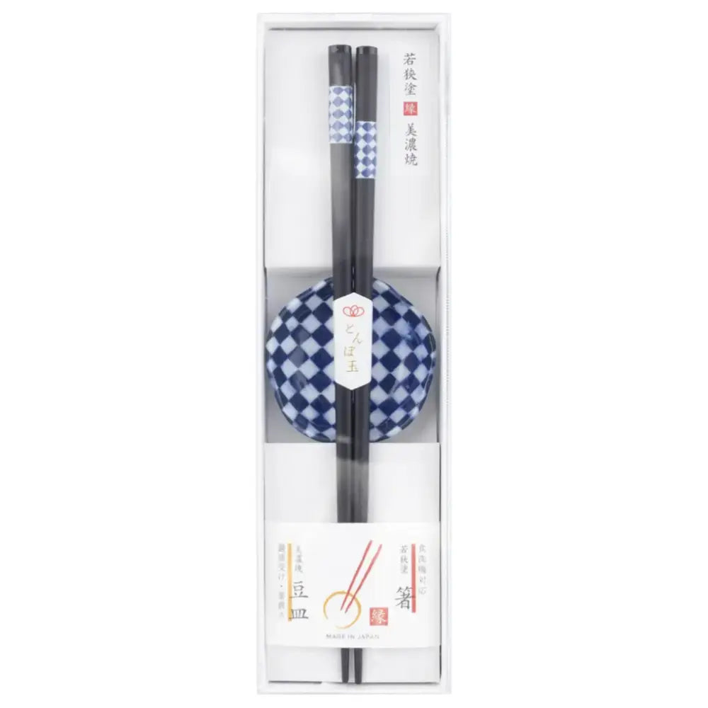 와카사 칠기 젓가락 미노 도자기 작은 접시 체크 블루 23cm