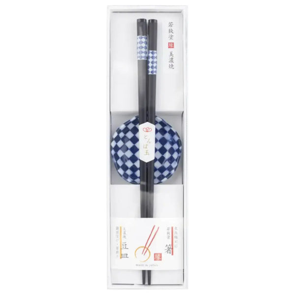와카사 칠기 젓가락 미노 도자기 작은 접시 체크 블루 23cm