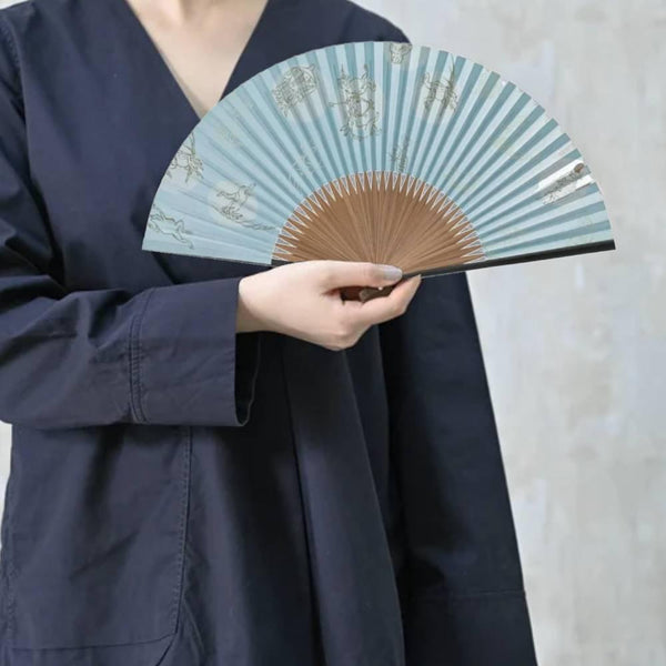 Yamani 개구리 & 토끼 디자인 블루 센수 휴대용 접이식 팬 21.5cm